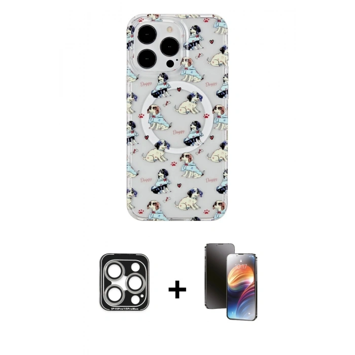 MARSİLYAN™- iPhone 15 Pro Max Kılıf Pusula Form - Siyah 3D Antistatik Mat Seramik Nano Ekran Koruyucu + PVD Metal Kamera Lens - GS