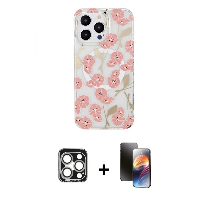 MARSİLYAN™- iPhone 15 Pro Max Kılıf Pusula Form - Siyah 3D Antistatik Mat Seramik Nano Ekran Koruyucu + PVD Metal Kamera Lens - GS