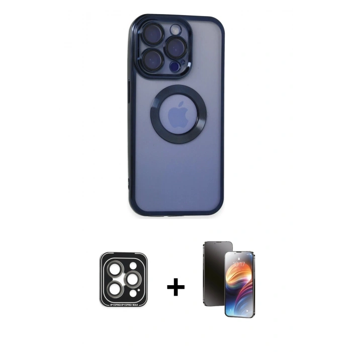 MARSİLYAN™- iPhone 15 Pro Max Kılıf Pusula Form - Siyah 3D Antistatik Mat Seramik Nano Ekran Koruyucu + PVD Metal Kamera Lens - GI