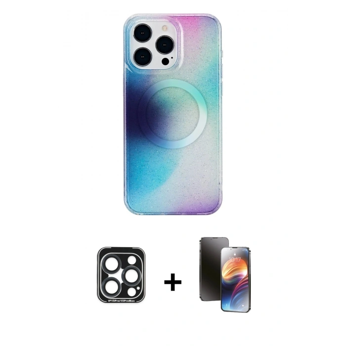MARSİLYAN™- iPhone 15 Pro Max Kılıf Pusula Form - Siyah 3D Antistatik Mat Seramik Nano Ekran Koruyucu + PVD Metal Kamera Lens - LT