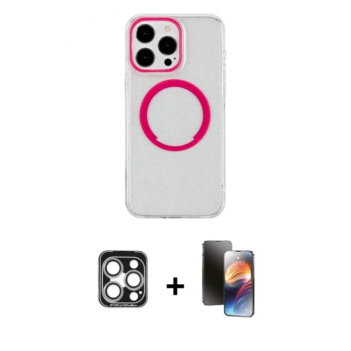 MARSİLYAN™- iPhone 15 Pro Max Kılıf Pusula Form - Siyah 3D Antistatik Mat Seramik Nano Ekran Koruyucu + PVD Metal Kamera Lens - GS