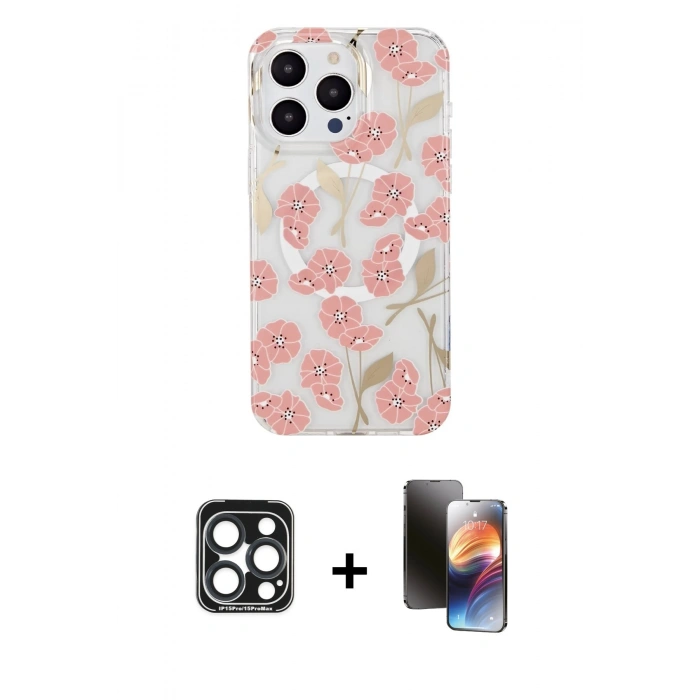 MARSİLYAN™- iPhone 15 Pro Max Kılıf Pusula Form - Siyah 3D Antistatik Mat Seramik Nano Ekran Koruyucu + PVD Metal Kamera Lens - LT