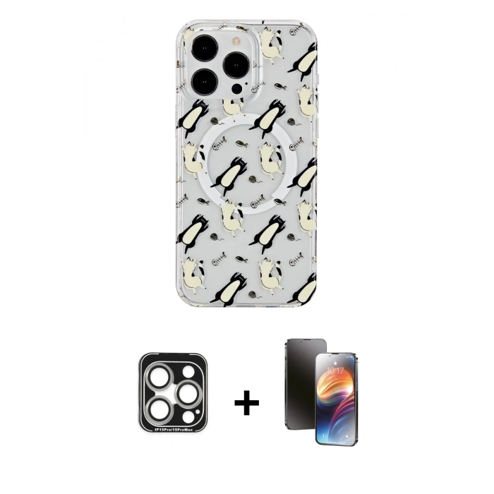 MARSİLYAN™- iPhone 15 Pro Max Kılıf Pusula Form - Siyah 3D Antistatik Mat Seramik Nano Ekran Koruyucu + PVD Metal Kamera Lens - GS