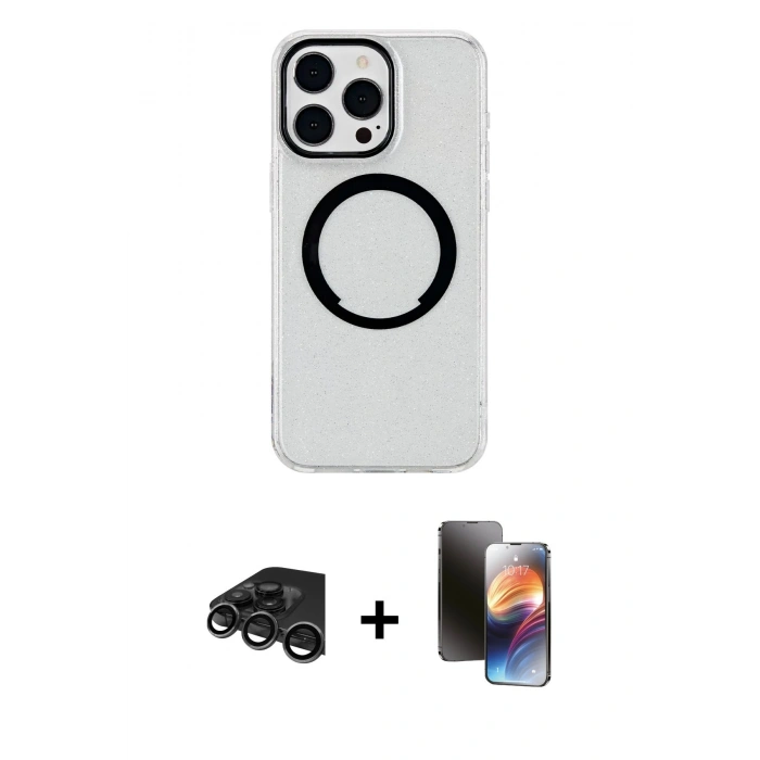MARSİLYAN™- iPhone 15 Pro Max Kılıf Pusula Form - Siyah 3D Antistatik Mat Seramik Nano Ekran Koruyucu + Raze Metal Kamera Lens - TMGI