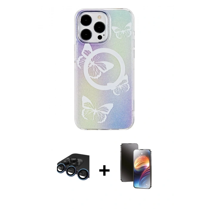 MARSİLYAN™- iPhone 15 Pro Max Kılıf Pusula Form - Siyah 3D Antistatik Mat Seramik Nano Ekran Koruyucu + Raze Metal Kamera Lens - LT