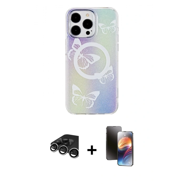 MARSİLYAN™- iPhone 15 Pro Max Kılıf Pusula Form - Siyah 3D Antistatik Mat Seramik Nano Ekran Koruyucu + Raze Metal Kamera Lens - GS