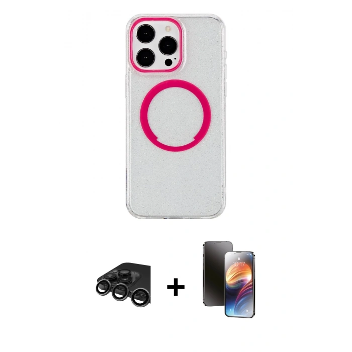 MARSİLYAN™- iPhone 15 Pro Max Kılıf Pusula Form - Siyah 3D Antistatik Mat Seramik Nano Ekran Koruyucu + Raze Metal Kamera Lens - TMGI