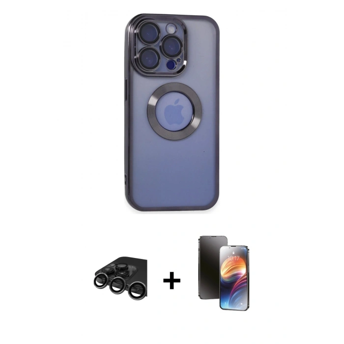 MARSİLYAN™- iPhone 15 Pro Max Kılıf Pusula Form - Siyah 3D Antistatik Mat Seramik Nano Ekran Koruyucu + Raze Metal Kamera Lens - TMGI