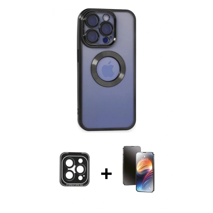 MARSİLYAN™- iPhone 15 Pro Max Kılıf Pusula Form - Siyah 3D Antistatik Mat Seramik Nano Ekran Koruyucu + Siyah PVD Metal Kamera Lens