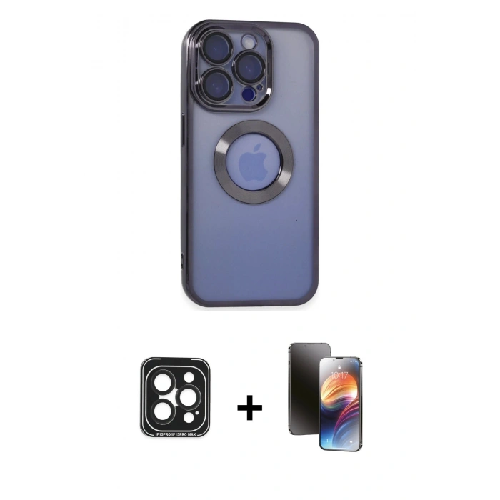 MARSİLYAN™- iPhone 15 Pro Max Kılıf Pusula Form - Siyah 3D Antistatik Mat Seramik Nano Ekran Koruyucu + Siyah PVD Metal Kamera Lens