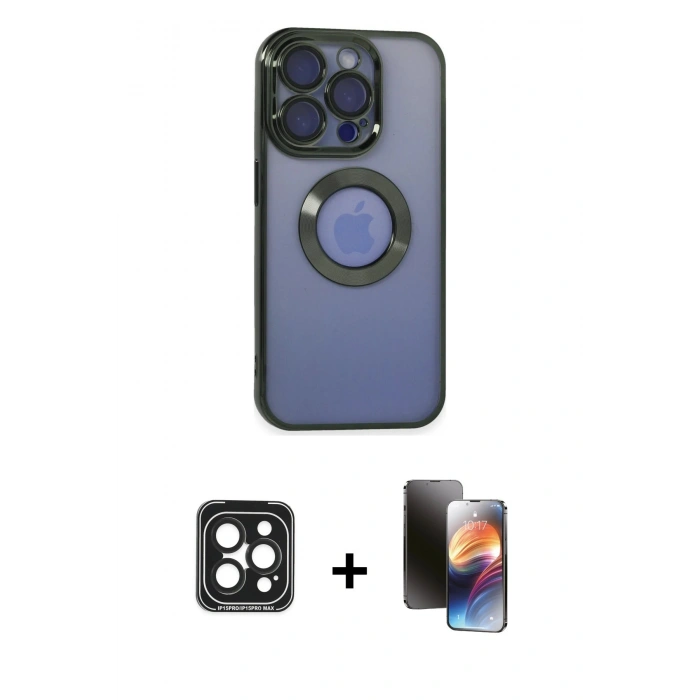 MARSİLYAN™- iPhone 15 Pro Max Kılıf Pusula Form - Siyah 3D Antistatik Mat Seramik Nano Ekran Koruyucu + Siyah PVD Metal Kamera Lens