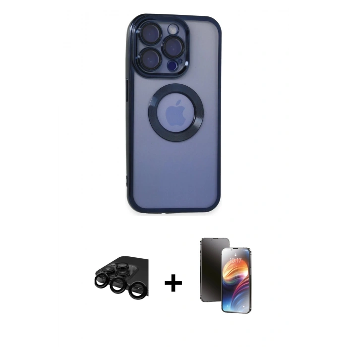 MARSİLYAN™- iPhone 15 Pro Max Kılıf Pusula Form - Siyah 3D Antistatik Mat Seramik Nano Ekran Koruyucu + Raze Metal Kamera Lens - SH