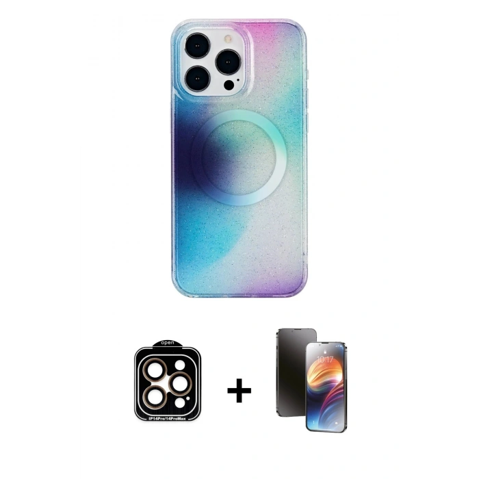 MARSİLYAN™- iPhone 15 Pro Max Kılıf Pusula Form - Siyah 3D Antistatik Mat Seramik Nano Ekran Koruyucu + PVD Metal Kamera Lens - TU