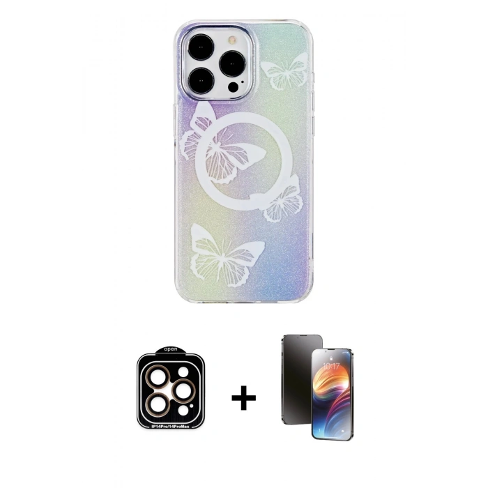 MARSİLYAN™- iPhone 15 Pro Max Kılıf Pusula Form - Siyah 3D Antistatik Mat Seramik Nano Ekran Koruyucu + PVD Metal Kamera Lens - TU