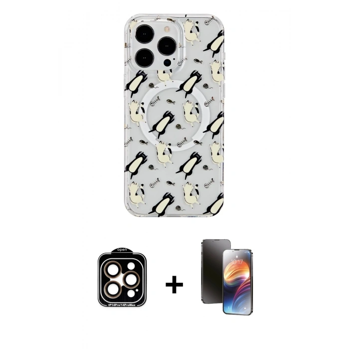MARSİLYAN™- iPhone 15 Pro Max Kılıf Pusula Form - Siyah 3D Antistatik Mat Seramik Nano Ekran Koruyucu + PVD Metal Kamera Lens - TU