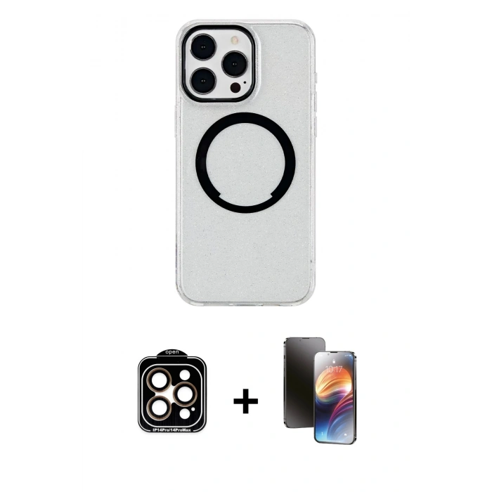 MARSİLYAN™- iPhone 15 Pro Max Kılıf Pusula Form - Siyah 3D Antistatik Mat Seramik Nano Ekran Koruyucu + PVD Metal Kamera Lens - TU