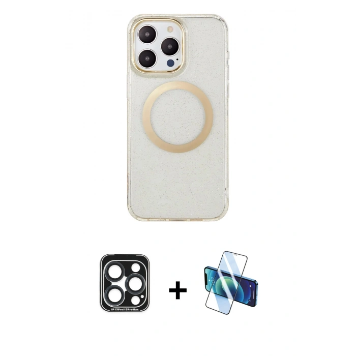 MARSİLYAN™- iPhone 15 Pro Max Kılıf Pusula Form - Siyah 3D Antistatik Seramik Nano Ekran Koruyucu + PVD Metal Kamera Lens - LT