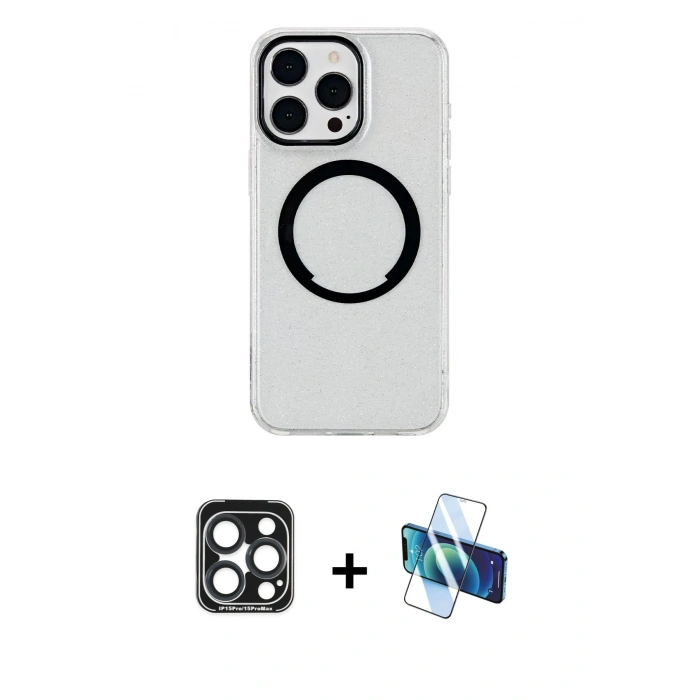 MARSİLYAN™- iPhone 15 Pro Max Kılıf Pusula Form - Siyah 3D Antistatik Seramik Nano Ekran Koruyucu + PVD Metal Kamera Lens - LT