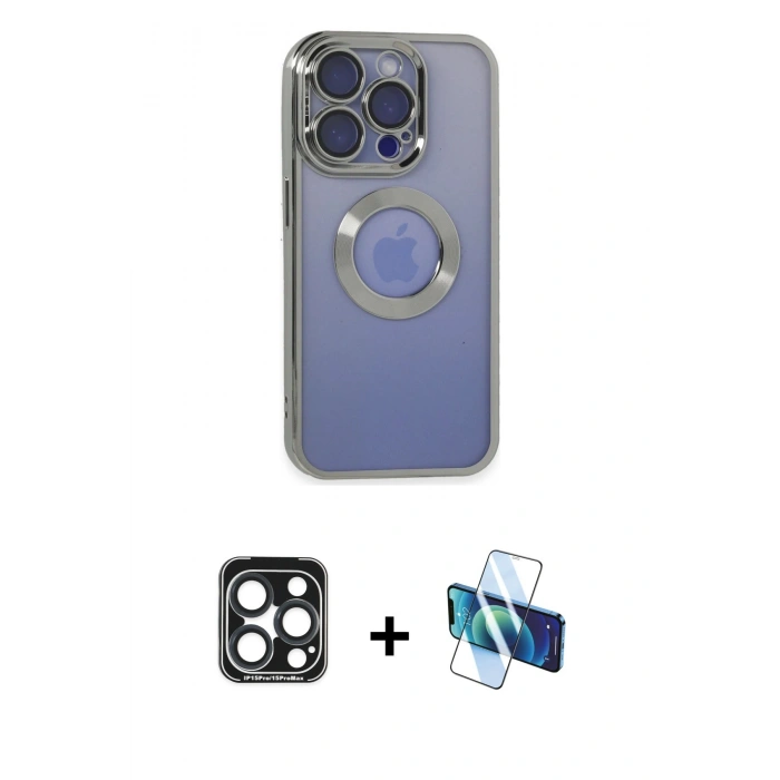 MARSİLYAN™- iPhone 15 Pro Max Kılıf Pusula Form - Siyah 3D Antistatik Seramik Nano Ekran Koruyucu + Lacivert PVD Metal Kamera Lens