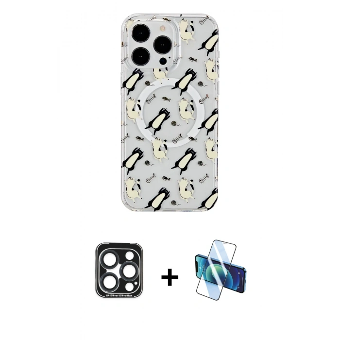 MARSİLYAN™- iPhone 15 Pro Max Kılıf Pusula Form - Siyah 3D Antistatik Seramik Nano Ekran Koruyucu + PVD Metal Kamera Lens - LT