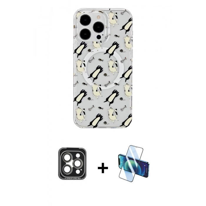 MARSİLYAN™- iPhone 15 Pro Max Kılıf Pusula Form - Siyah 3D Antistatik Seramik Nano Ekran Koruyucu + PVD Metal Kamera Lens - GI