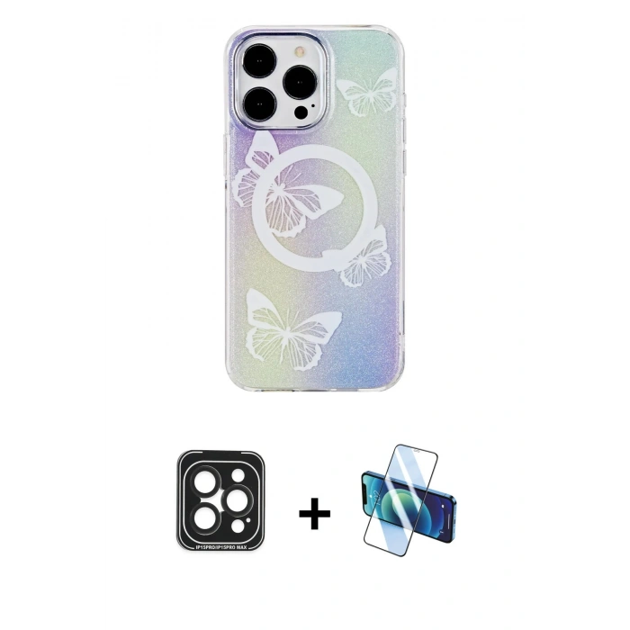 MARSİLYAN™- iPhone 15 Pro Max Kılıf Pusula Form - Siyah 3D Antistatik Seramik Nano Ekran Koruyucu + PVD Metal Kamera Lens - SH
