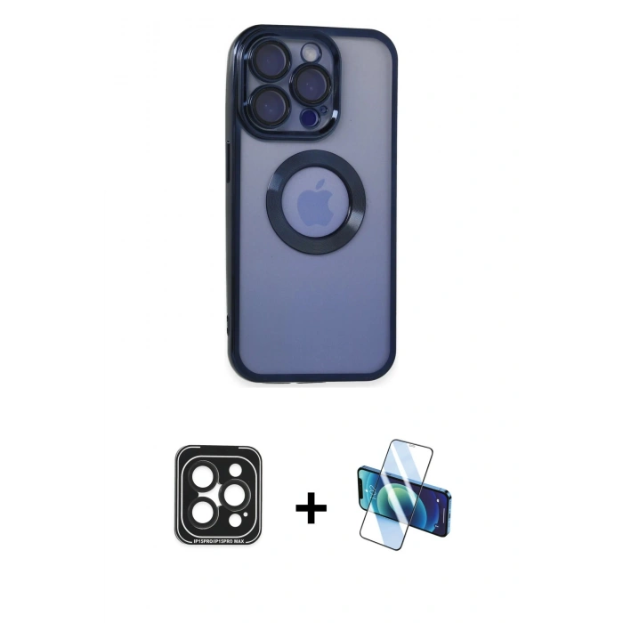 MARSİLYAN™- iPhone 15 Pro Max Kılıf Pusula Form - Siyah 3D Antistatik Seramik Nano Ekran Koruyucu + PVD Metal Kamera Lens - SH