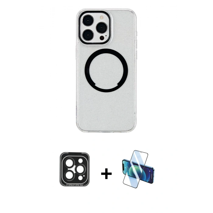 MARSİLYAN™- iPhone 15 Pro Max Kılıf Pusula Form - Siyah 3D Antistatik Seramik Nano Ekran Koruyucu + PVD Metal Kamera Lens - SH