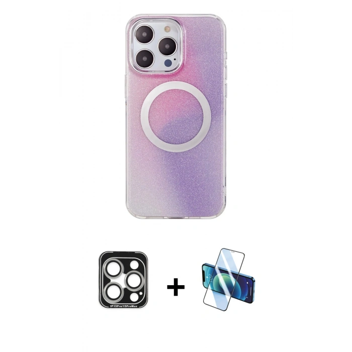 MARSİLYAN™- iPhone 15 Pro Max Kılıf Pusula Form - Siyah 3D Antistatik Seramik Nano Ekran Koruyucu + PVD Metal Kamera Lens - GS