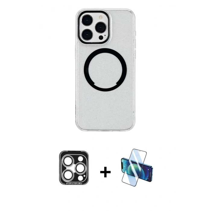 MARSİLYAN™- iPhone 15 Pro Max Kılıf Pusula Form - Siyah 3D Antistatik Seramik Nano Ekran Koruyucu + PVD Metal Kamera Lens - GS