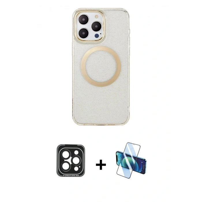 MARSİLYAN™- iPhone 15 Pro Max Kılıf Pusula Form - Siyah 3D Antistatik Seramik Nano Ekran Koruyucu + PVD Metal Kamera Lens - SH
