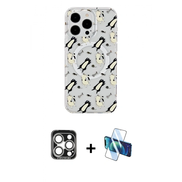 MARSİLYAN™- iPhone 15 Pro Max Kılıf Pusula Form - Siyah 3D Antistatik Seramik Nano Ekran Koruyucu + PVD Metal Kamera Lens - GS