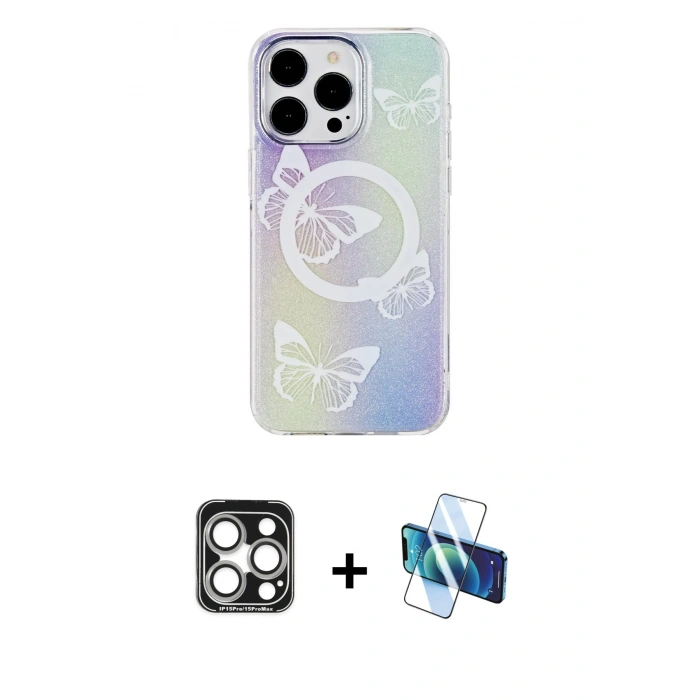MARSİLYAN™- iPhone 15 Pro Max Kılıf Pusula Form - Siyah 3D Antistatik Seramik Nano Ekran Koruyucu + PVD Metal Kamera Lens - GS