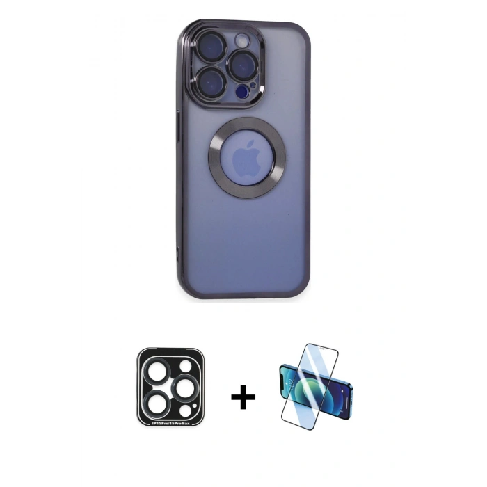 MARSİLYAN™- iPhone 15 Pro Max Kılıf Pusula Form - Siyah 3D Antistatik Seramik Nano Ekran Koruyucu + PVD Metal Kamera Lens - LT