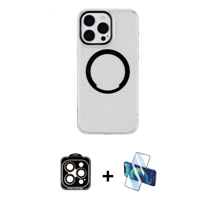 MARSİLYAN™- iPhone 15 Pro Max Kılıf Pusula Form - Siyah 3D Antistatik Seramik Nano Ekran Koruyucu + PVD Metal Kamera Lens - TU
