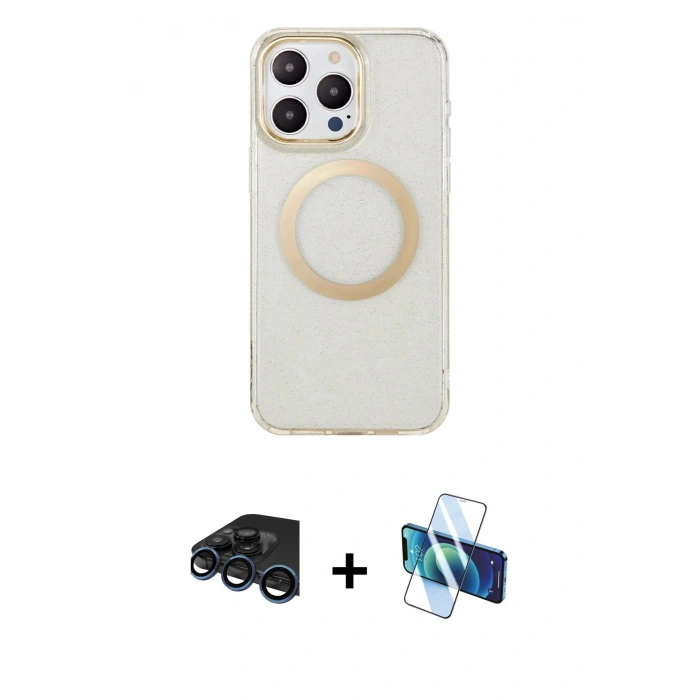 MARSİLYAN™- iPhone 15 Pro Max Kılıf Pusula Form - Siyah 3D Antistatik Seramik Nano Ekran Koruyucu + Raze Metal Kamera Lens - LT
