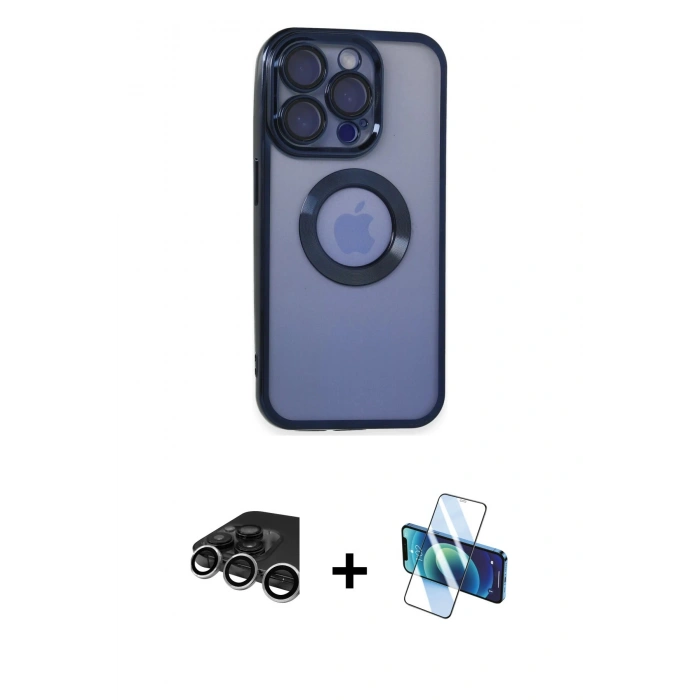 MARSİLYAN™- iPhone 15 Pro Max Kılıf Pusula Form - Siyah 3D Antistatik Seramik Nano Ekran Koruyucu + Raze Metal Kamera Lens - GS