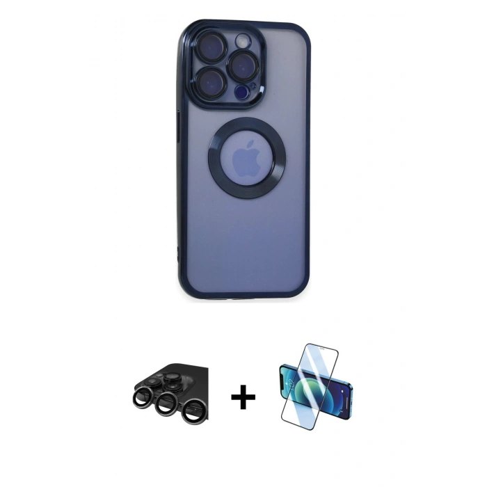 MARSİLYAN™- iPhone 15 Pro Max Kılıf Pusula Form - Siyah 3D Antistatik Seramik Nano Ekran Koruyucu + Raze Metal Kamera Lens - TMGI