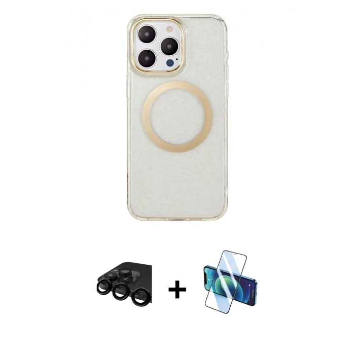 MARSİLYAN™- iPhone 15 Pro Max Kılıf Pusula Form - Siyah 3D Antistatik Seramik Nano Ekran Koruyucu + Raze Metal Kamera Lens - SH