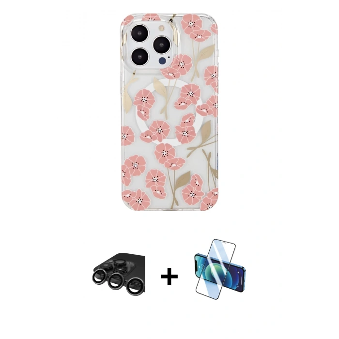 MARSİLYAN™- iPhone 15 Pro Max Kılıf Pusula Form - Siyah 3D Antistatik Seramik Nano Ekran Koruyucu + Raze Metal Kamera Lens - TMGI