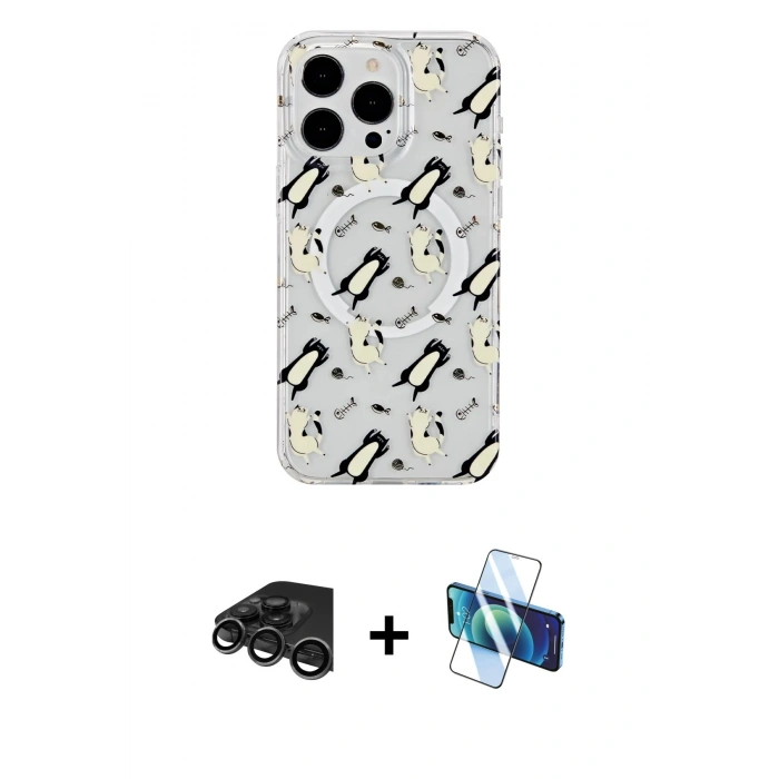 MARSİLYAN™- iPhone 15 Pro Max Kılıf Pusula Form - Siyah 3D Antistatik Seramik Nano Ekran Koruyucu + Raze Metal Kamera Lens - TMGI