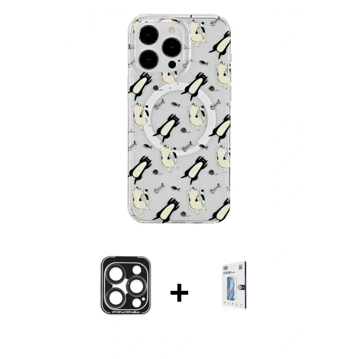 MARSİLYAN™- iPhone 15 Pro Max Kılıf Pusula Form - Siyah Bilvis 0.18mm Plus Cam Ekran Koruyucu + Lacivert PVD Metal Kamera Lens