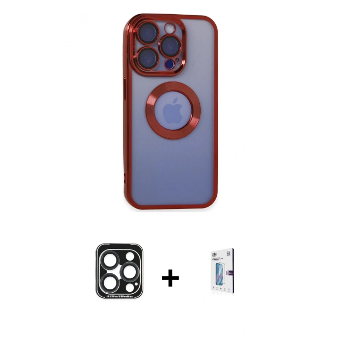 MARSİLYAN™- iPhone 15 Pro Max Kılıf Pusula Form - Siyah Bilvis 0.18mm Plus Cam Ekran Koruyucu + Lacivert PVD Metal Kamera Lens