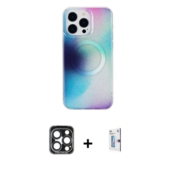 MARSİLYAN™- iPhone 15 Pro Max Kılıf Pusula Form - Siyah Bilvis 0.18mm Plus Cam Ekran Koruyucu + Lacivert PVD Metal Kamera Lens