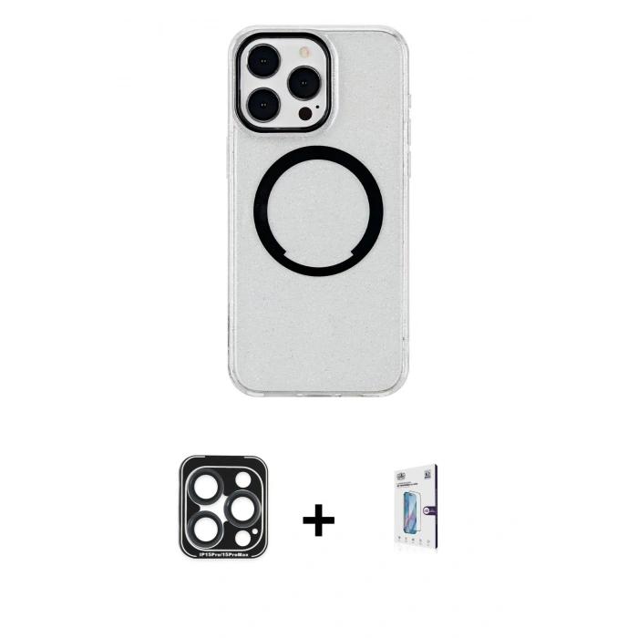 MARSİLYAN™- iPhone 15 Pro Max Kılıf Pusula Form - Siyah Bilvis 0.18mm Plus Cam Ekran Koruyucu + Lacivert PVD Metal Kamera Lens