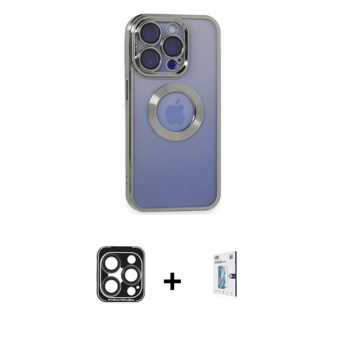MARSİLYAN™- iPhone 15 Pro Max Kılıf Pusula Form - Siyah Bilvis 0.18mm Plus Cam Ekran Koruyucu + Lacivert PVD Metal Kamera Lens