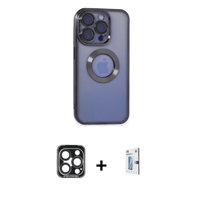 MARSİLYAN™- iPhone 15 Pro Max Kılıf Pusula Form - Siyah Bilvis 0.18mm Plus Cam Ekran Koruyucu + Lacivert PVD Metal Kamera Lens