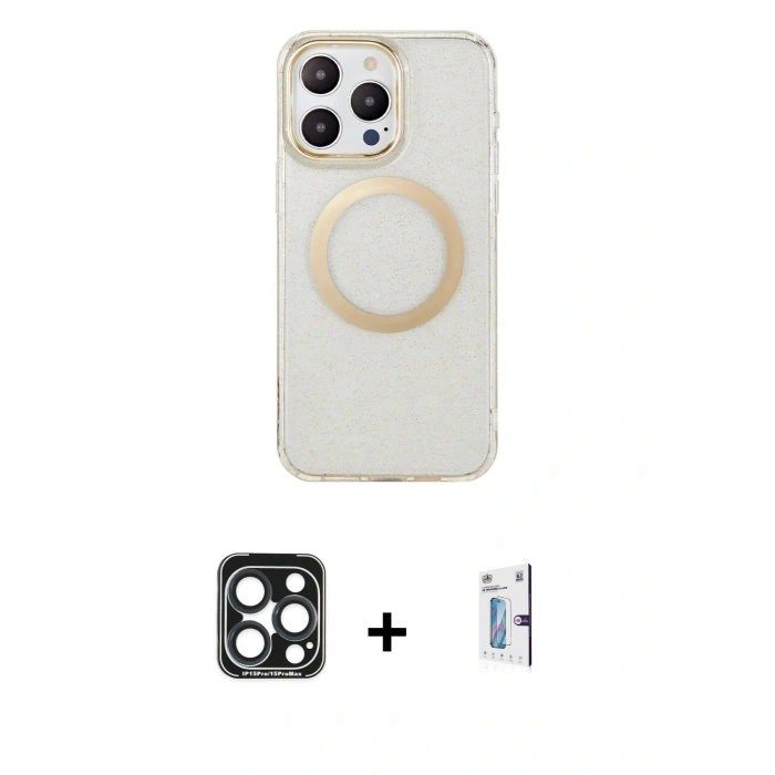 MARSİLYAN™- iPhone 15 Pro Max Kılıf Pusula Form - Siyah Bilvis 0.18mm Plus Cam Ekran Koruyucu + Lacivert PVD Metal Kamera Lens