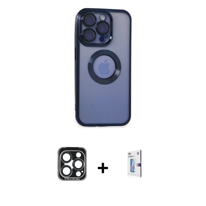 MARSİLYAN™- iPhone 15 Pro Max Kılıf Pusula Form - Siyah Bilvis 0.18mm Plus Cam Ekran Koruyucu + Lacivert PVD Metal Kamera Lens