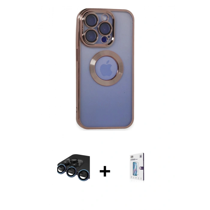MARSİLYAN™- iPhone 15 Pro Max Kılıf Pusula Form - Siyah Bilvis 0.18mm Plus Cam Ekran Koruyucu + Lacivert Raze Metal Kamera Lens